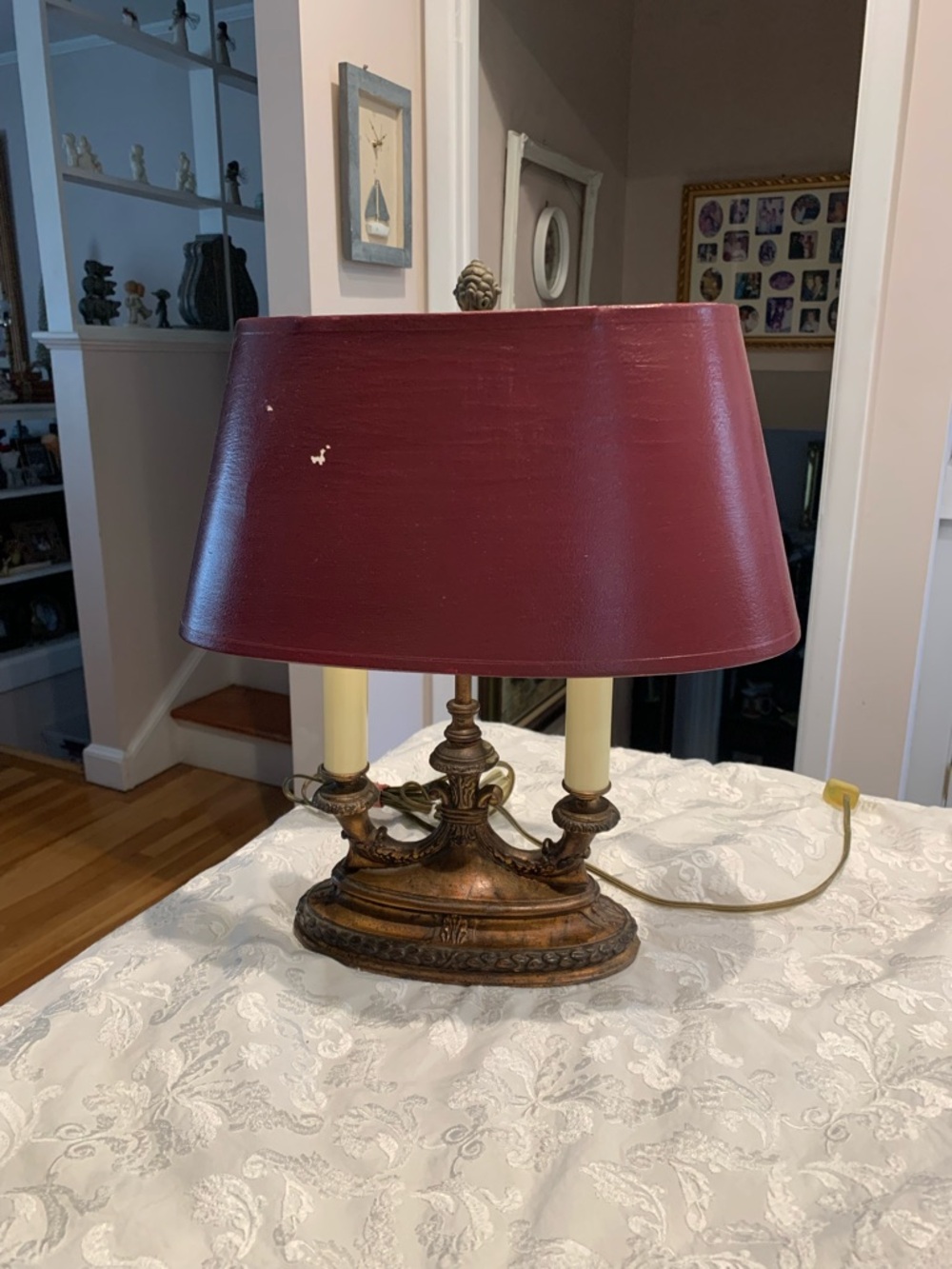 Vintage French Empire style Brass Bouillotte Lamp Red Tole Shade